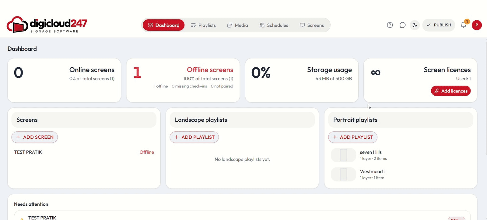 DigiCloud247: dashboard, screens, media, designs, playlists and schedules