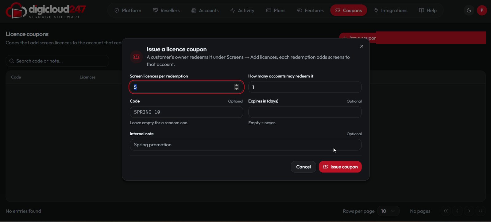 Issue a licence coupon dialog