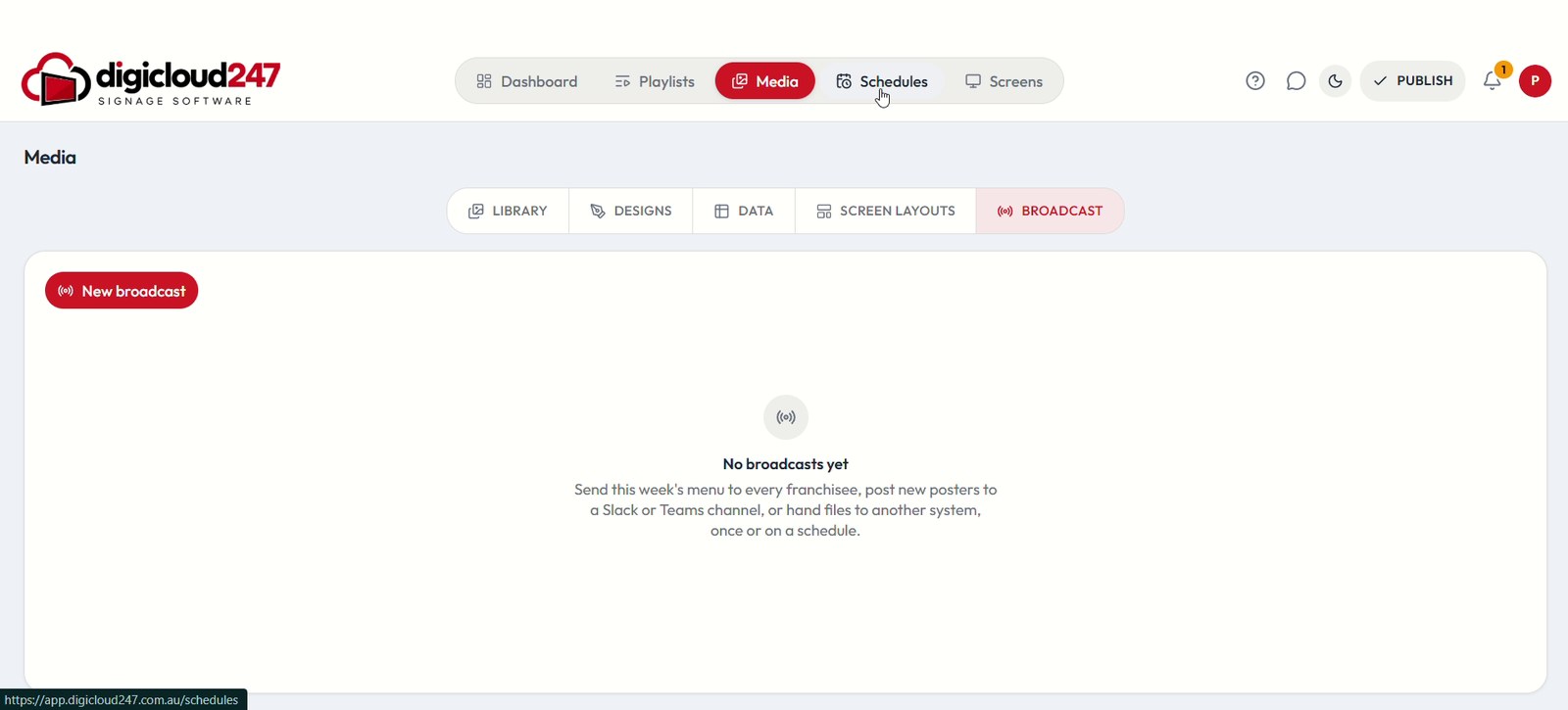 Broadcast tab with a New broadcast button