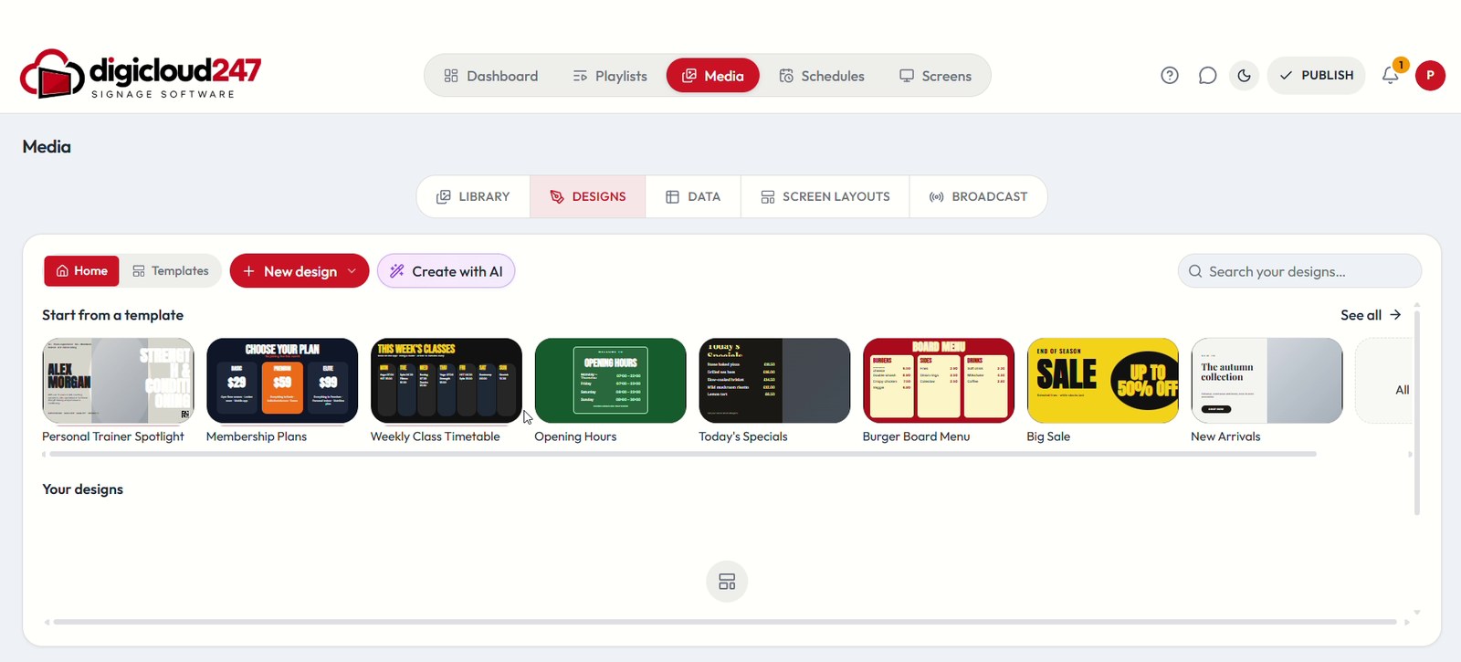 Designs tab with a template gallery
