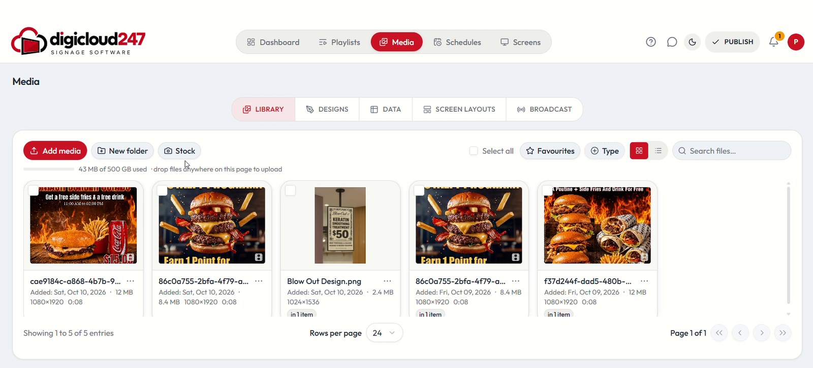 DigiCloud247 media library with uploaded images and videos, folders, favourites and stock