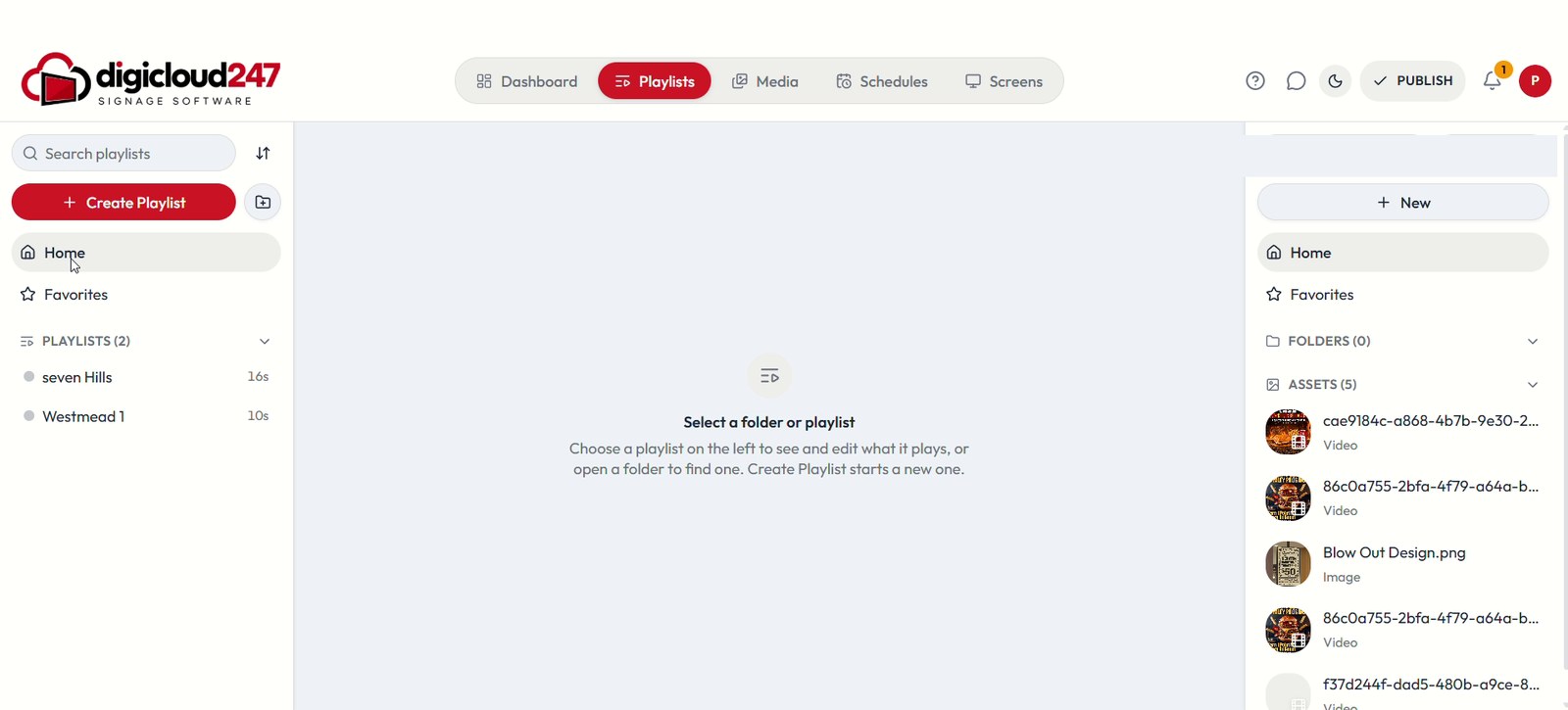 Playlists page with folders, favourites and assets