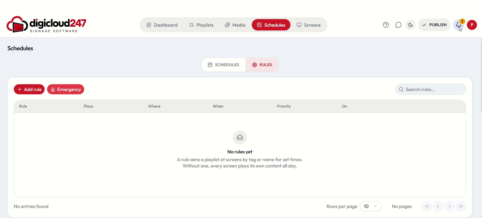 Rules tab with the Emergency button