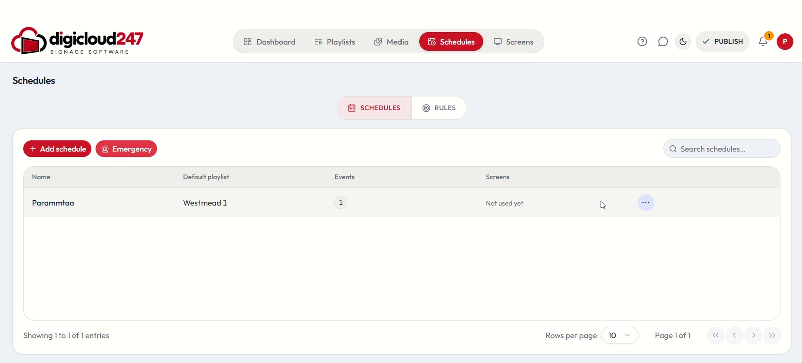 Schedules page with Add schedule
