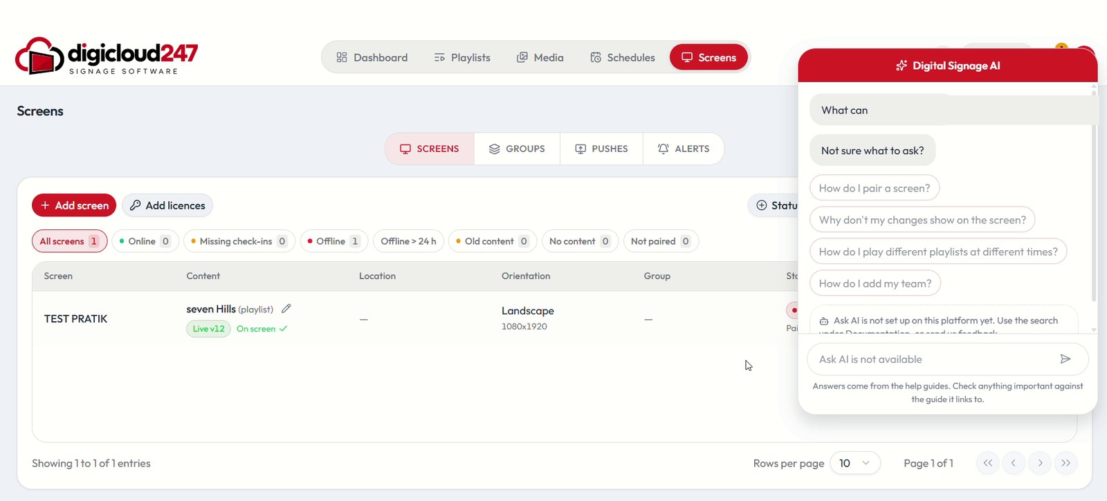 Screens page with status filters and a table of screens